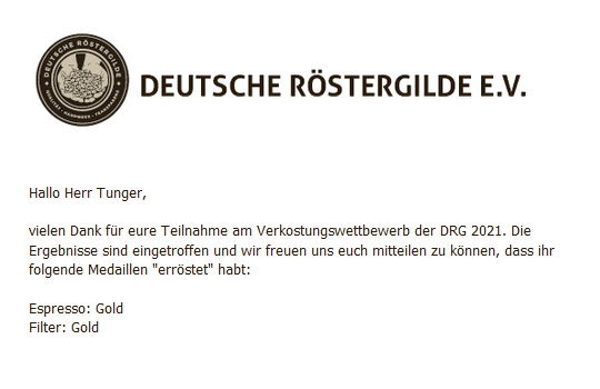 E-Mail der Deutschen Röstergilde über die Goldmedaillen